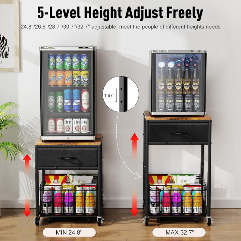 Mobile Mini Fridge Stand With Storage, Height-Adjustable Mini Beverage Fridge Table, Coffee Bar