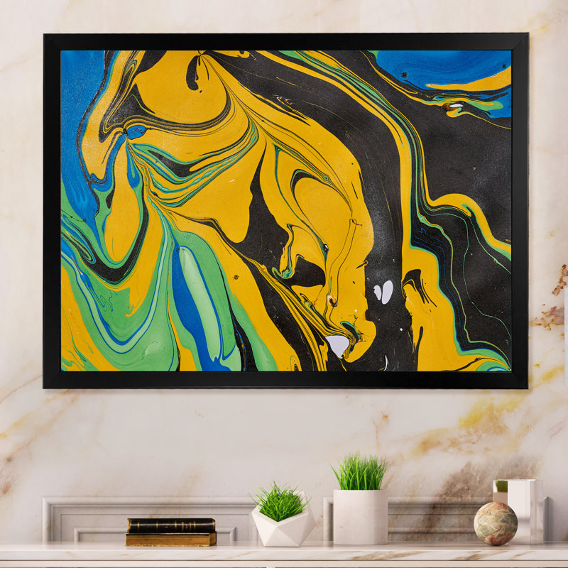 Art en acrylique noir et jaune, Impression noire sur toile encadrée, H 16 po x l 32 po x P 1 po