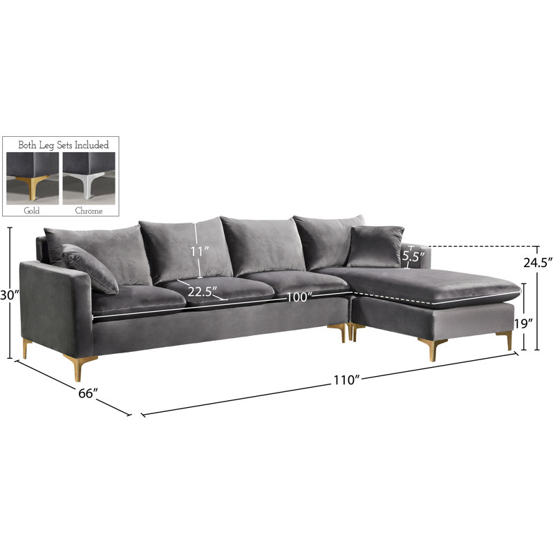Canapé et méridienne réversible en velours Naomi, Velours gris