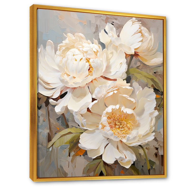 «Beige fragrant pivoine» sur toile, H 44 po x l 34 po x P 1,5 po, Cadre flottant doré