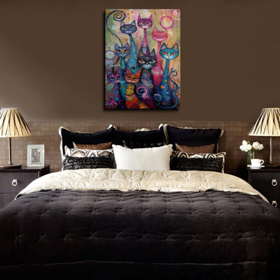 Art mural sur toile chat coloré, impression de chats fantaisistes, décor animal abstrait moderne, décoration de maison géniale prête à accrocher (12 po x 16 po)