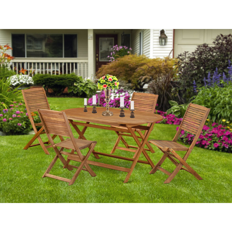 5 Piece Patio Garden Table Set Includes an Oval Outdoor Acacia Wood Dining Table and 4 Folding Side Chairs, 36x60 Inch, Natural Oil