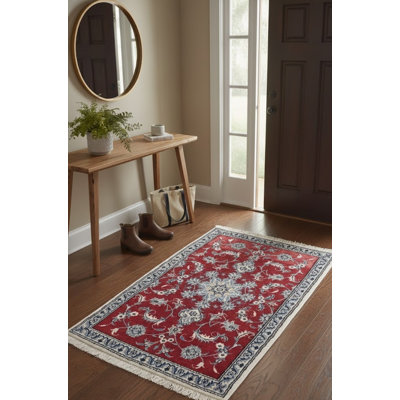 Tapis rouge en laine noué à la main de conception unique 2 pi 1 po x 4 pi 8 po années 2010 Hennagan