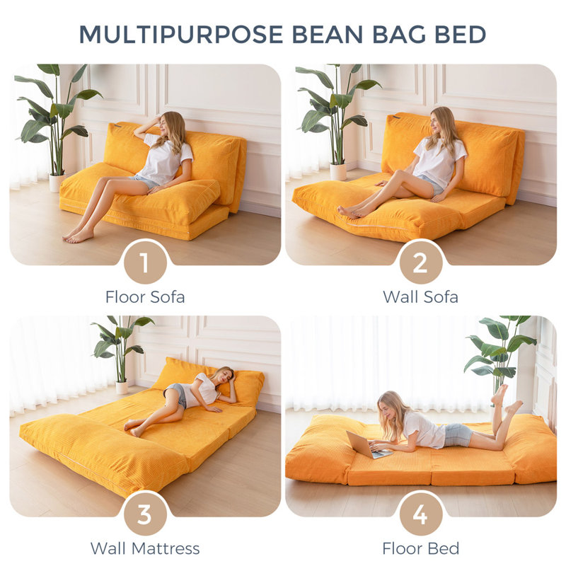 Holly-Madison Bean Bag Floor Sofa Bed, Orange Corduroy, 4.7" H x 54" W x 95" D