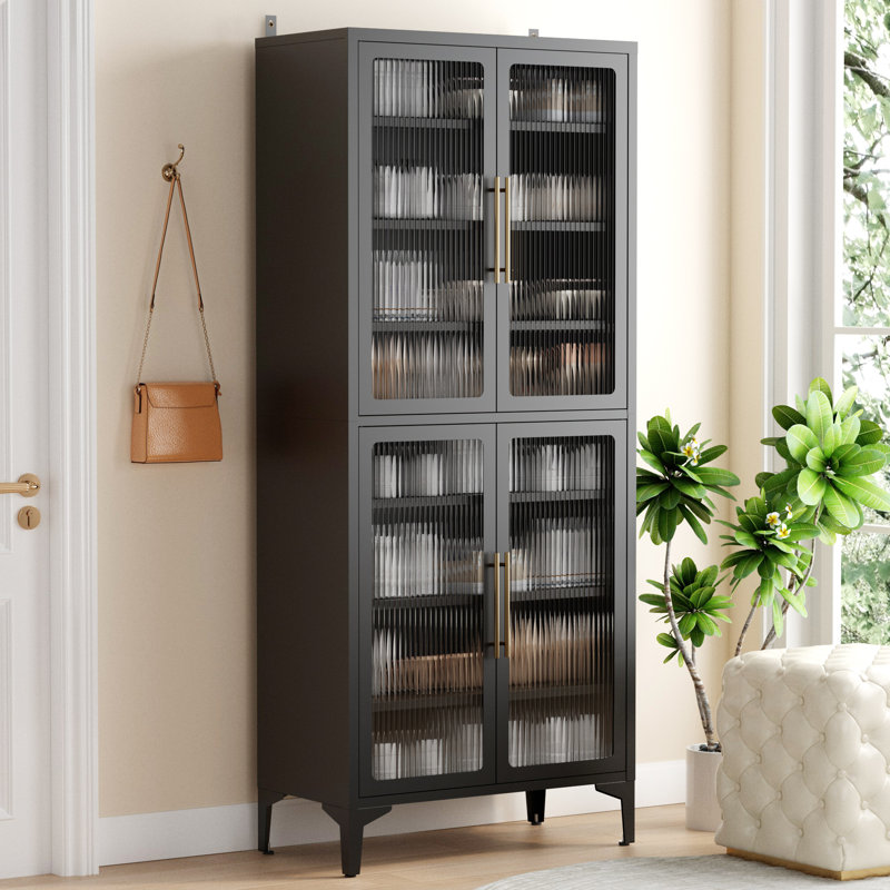 Armoire à chaussures en acier avec 4 portes et 8 tablettes réglables, organisateur de rangement grande capacité avec crochets - H 65 po x l 27,6 po x P 13,8 po, noir / blanc