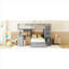 Structure de lit superposé double en bois massif avec bureau intégré, tiroirs et tablettes, gris doux