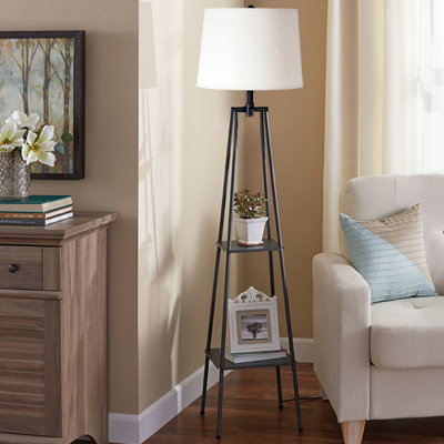 Lampe sur pied de style étagère moderne en métal avec tablettes et abat-jour en lin 58 po