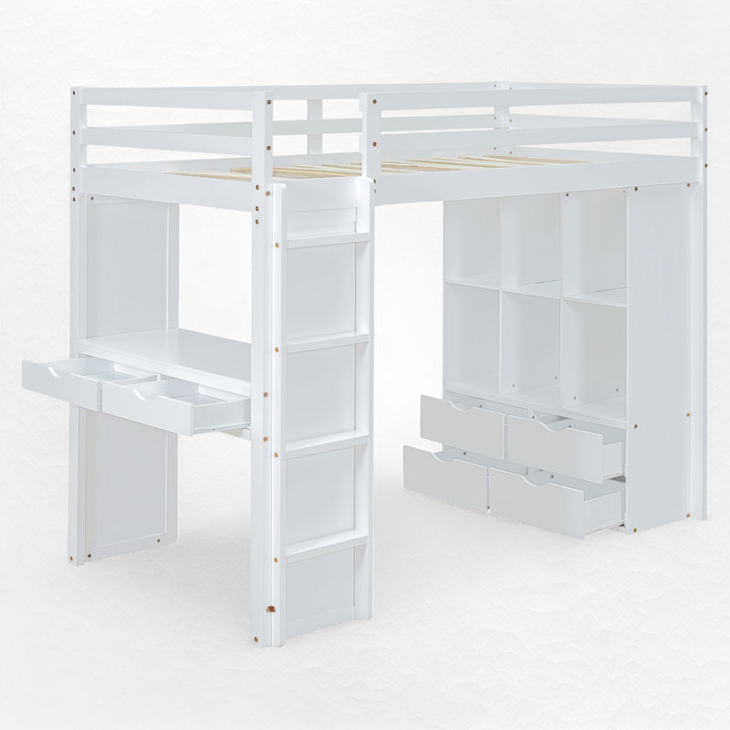 Lit mezzanine avec bureau intégré et rangement, Blanc, Double