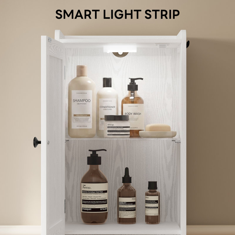 68" Tall Freestanding Narrow Bathroom Cabinet - Lights, Storage, Doors (Solid Wood/Bamboo, 4 Finishes)