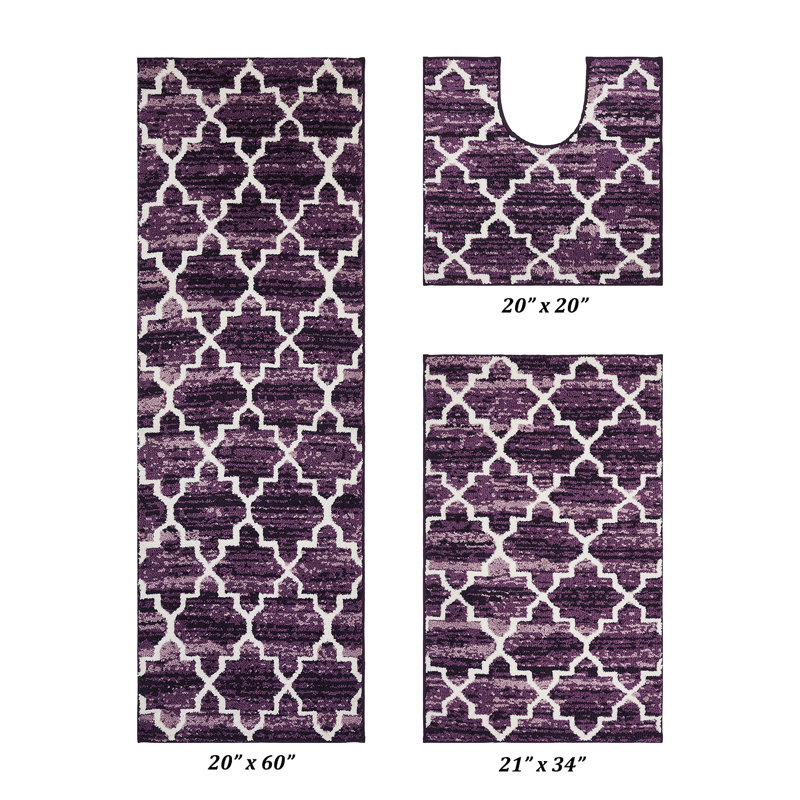 Ensemble de tapis de salle de bain 3 pièces à envers doux, absorbant et antidérapant Nolynn, Mauve