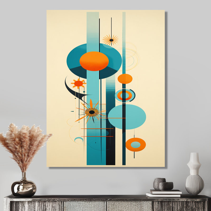 «Geometric Balance Blue Circular - Midcentury», art mural, Toile tendue, H 32 po x l 16 po x P 1 po
