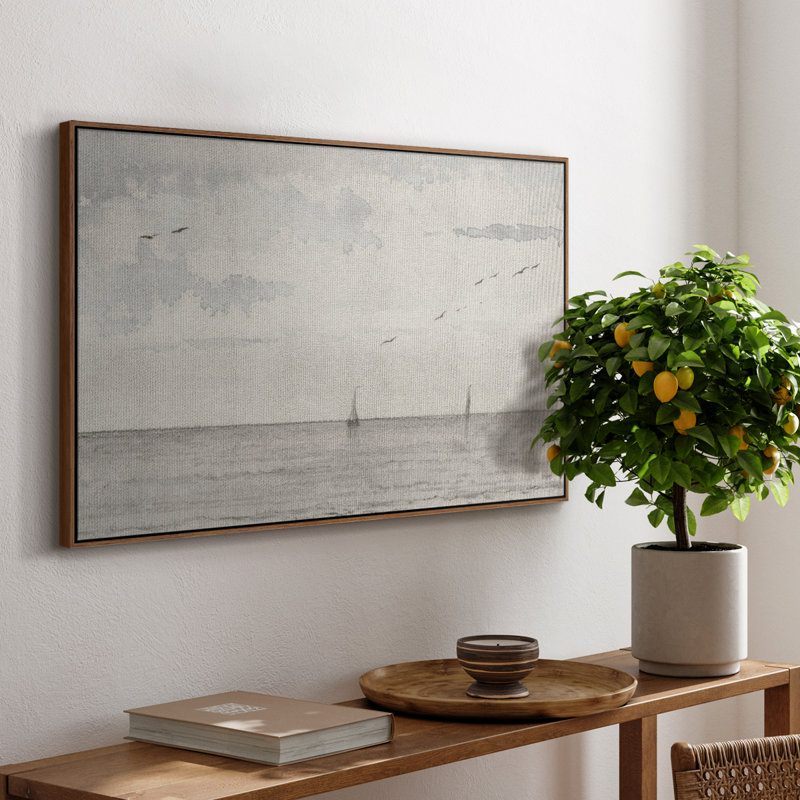 Paysage rétro -CCCXLII, Toile encadrée noyer flottant, H 27 po x l 41 po x P 2 po