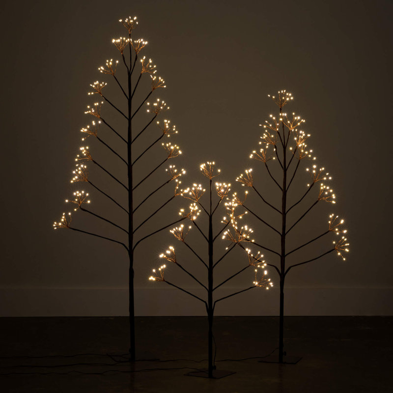 60"H, 47.5"H And 36"H Outdoor Lighted Twig Tree Set; Brown