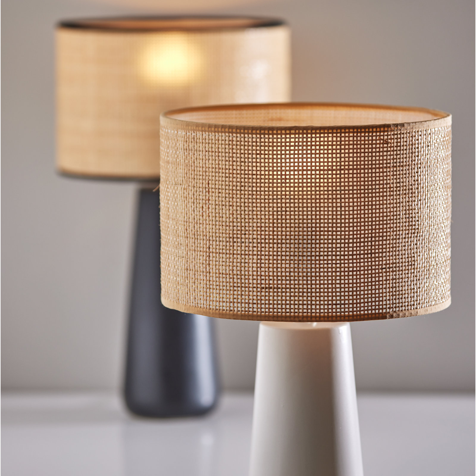 Piazza Ceramic Table Lamp, Black, Natural Rattan w. Black Trim, 22.25''H x 12.5''W x 12.5''D