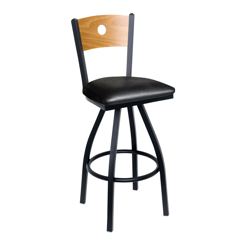 Darby Circle Wood Back Swivel Barstool - Light Cherry Back - Quick Ship Black Vinyl Seat - Steel Frame - Sand Black Finish
