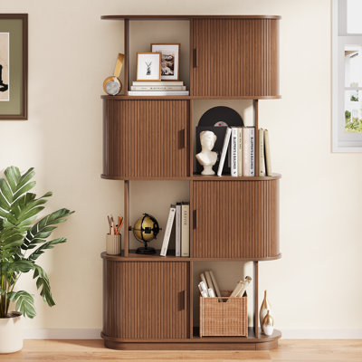 Bibliothèque 71 "H Mid-Century à 4 niveaux en forme de S avec 4 armoires de rangement et porte à tambour coulissante pour le salon, le bureau personnel