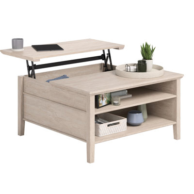 Lift - Top Coffee Table With Brown Oak Finish, Spacious Surface For Entertainment, Hidden Storage Books, Open Shelving Controllers, Build Quality, 36.14 Inches Square, Quick And Easy Assembly Toned