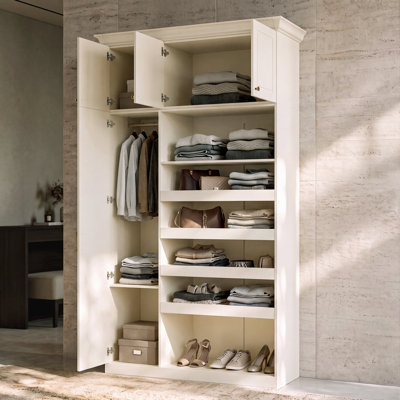 Armoire 101 101 po avec 4 tiroirs, tablettes et tringle à vêtements, blanc