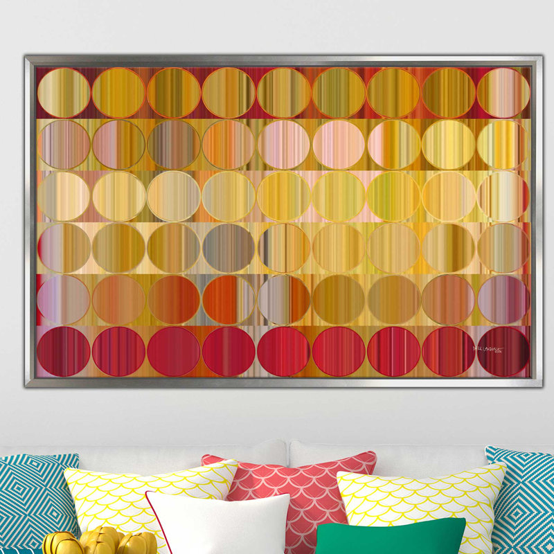 " Circles And Squares 57 Golden Red " by Mark Lawrence, 21.5" H x 33.5" W x 2" D, Silver Floater Frame