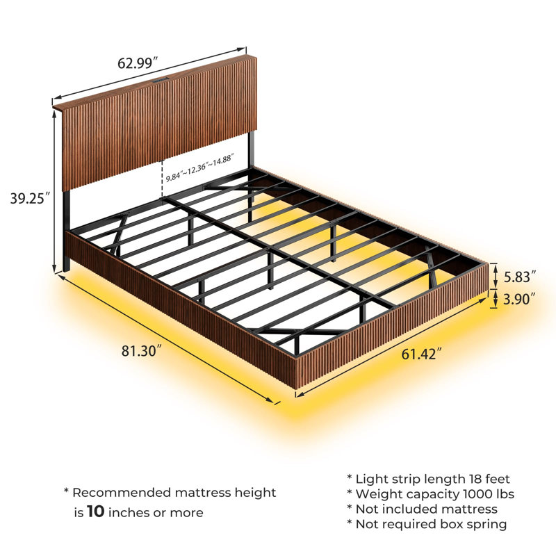 Queen Floating Bed Frame With Headboard, Fluted Platform Bed With Led Lights, Heavy Duty Floating Bedframe With Charging Station, No Box Spring Needed