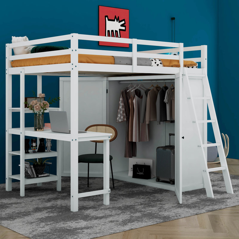 Lit mezzanine double avec garde-robe Hedieh, Blanc