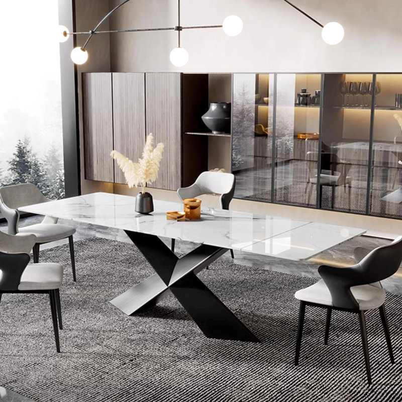 White Rectangular Slate Extendable Dining Table With X-Shaped Legs (78"-118")