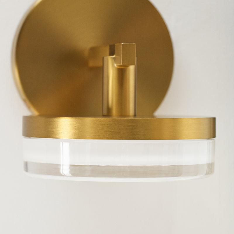 Sean Lavin Khan Bathroom Bedroom Wall Fixture With Silk Screen White Inside Clear Outside Shade, Burnished Brass, 1 Light