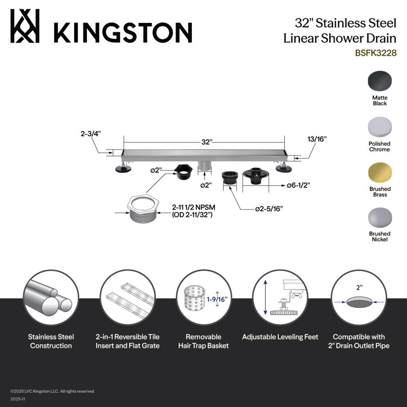 Kingston Watercourse 32-Inch Stainless Steel Linear Shower Drain With Flange And Hair Trap, Brushed Brass