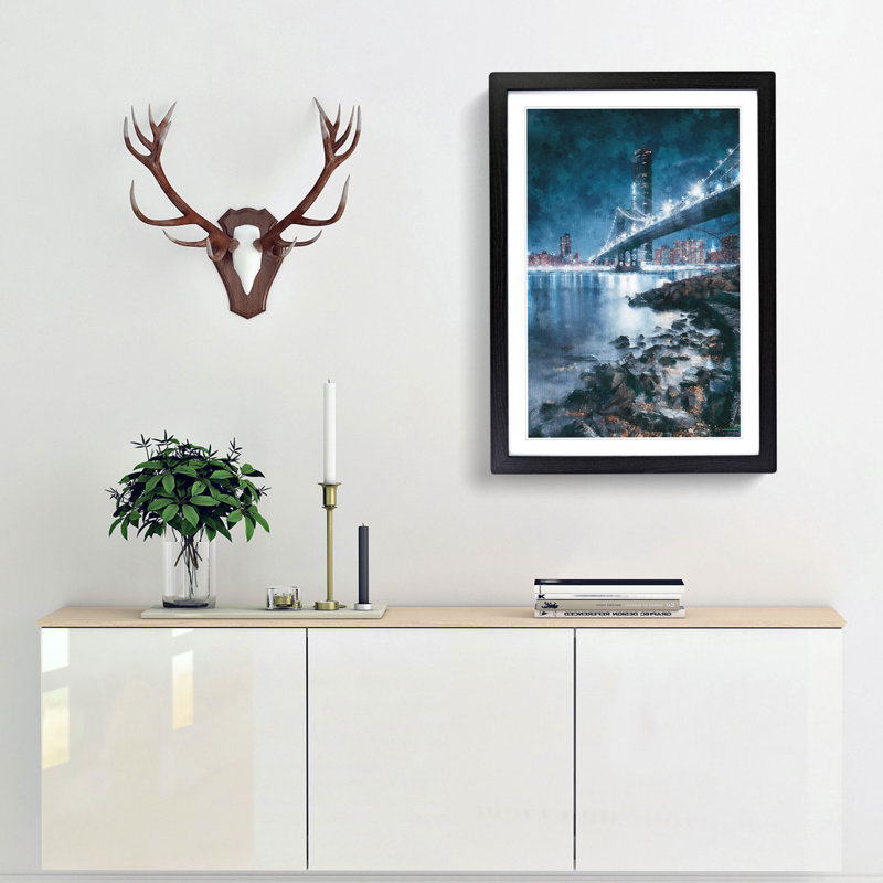 The Brooklyn Bridge in New York - Framed Print, 45cm H x 33cm W x 2cm D, Black Framed