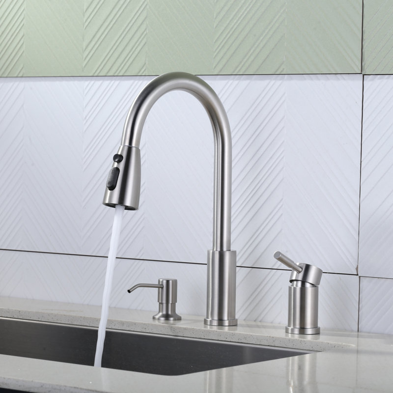 Robinet de cuisine rétractable à 3 trous avec distributeur de savon et poignée individuelle unique, Nickel brossé