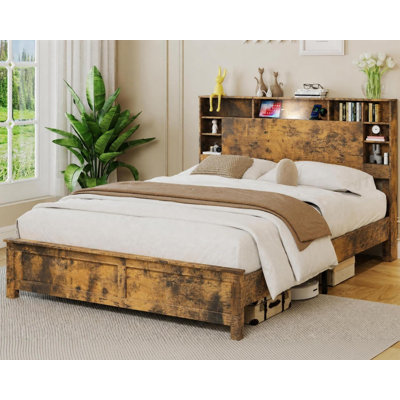 Full Size Platform Bed Frame with Storage Headboard, Wood and Metal Bed Frame with Charging Station, LED Light, Bookcase Shelves, Panel Footboard, Dark Brown