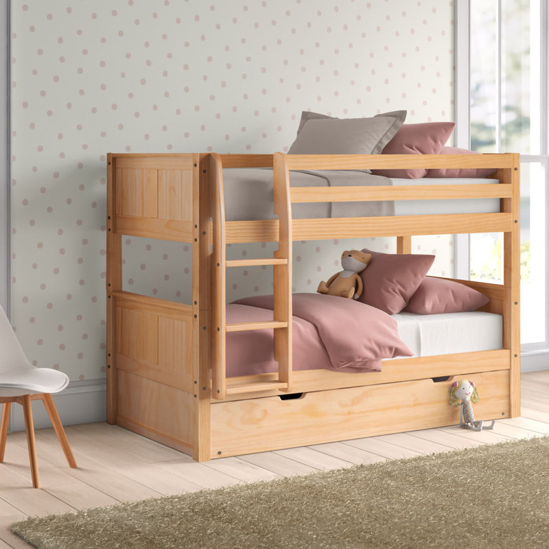 Lit superposé simple au-dessus de simple en bois massif avec lit gigogne Aditya, Naturel
