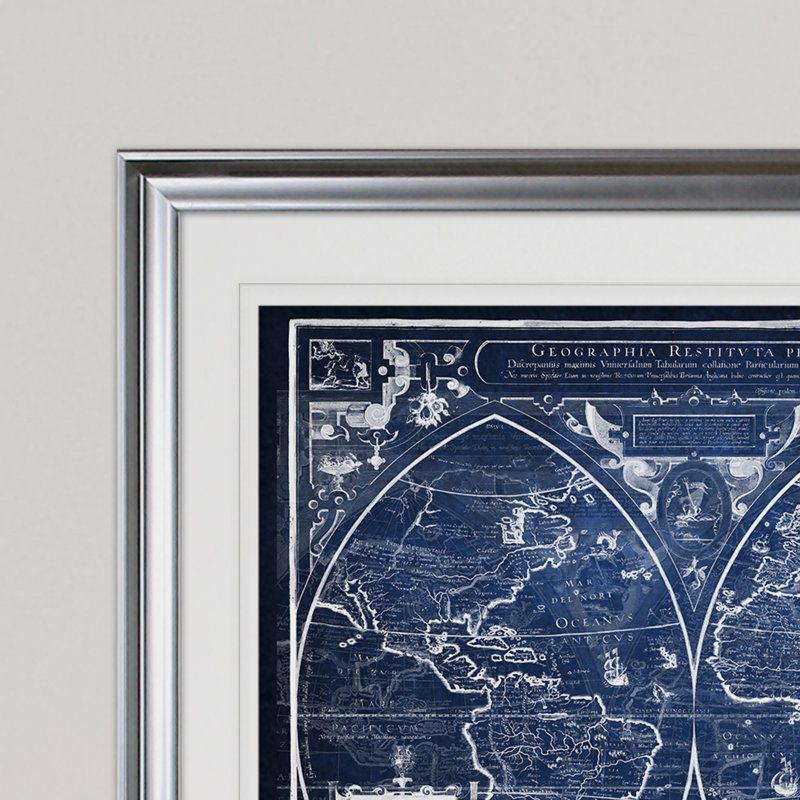 « rétro carte du monde iii », impression, Cadre argenté, H 31 po x l 43 po x P 1,5 po