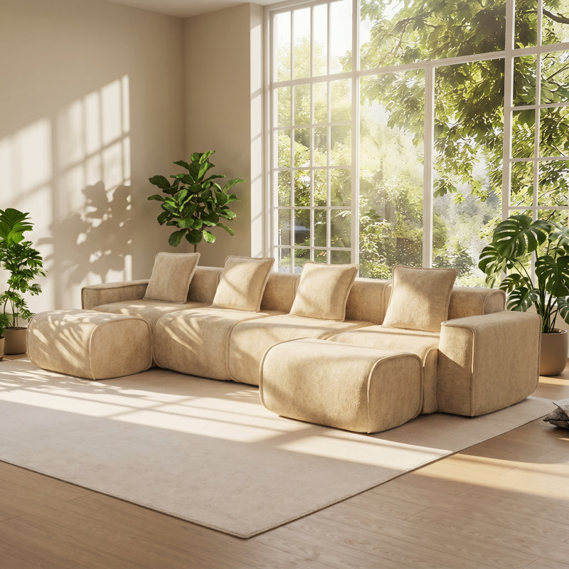 Streamlined 138.58" W x 59.84" D x 31.1" H 4-Seat Velvet U-Shape Modular Sectional Sofa, Beige Corduroy, Symmetrical