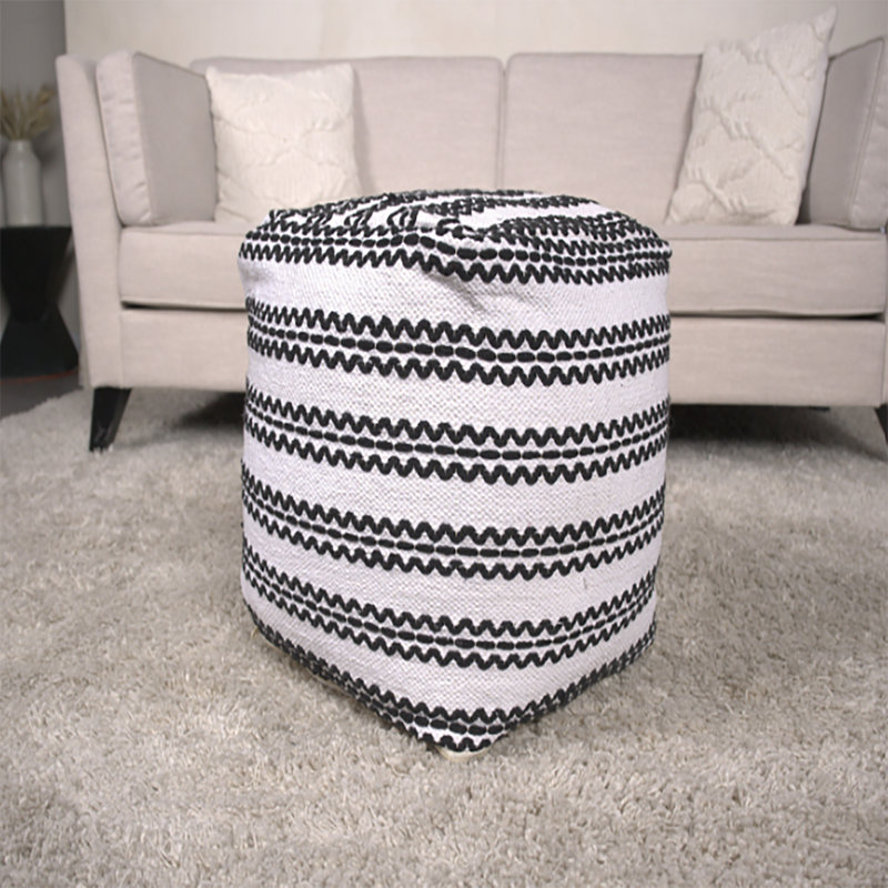 Lani Handcrafted Fabric Pouf, Natural With Black