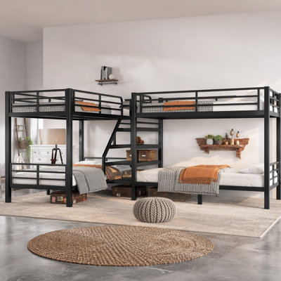 Twin L-Shaped Metal Bunk Bed With Storage Shelves And High-Quality Safety Guardrail,Space-Saving,Black.