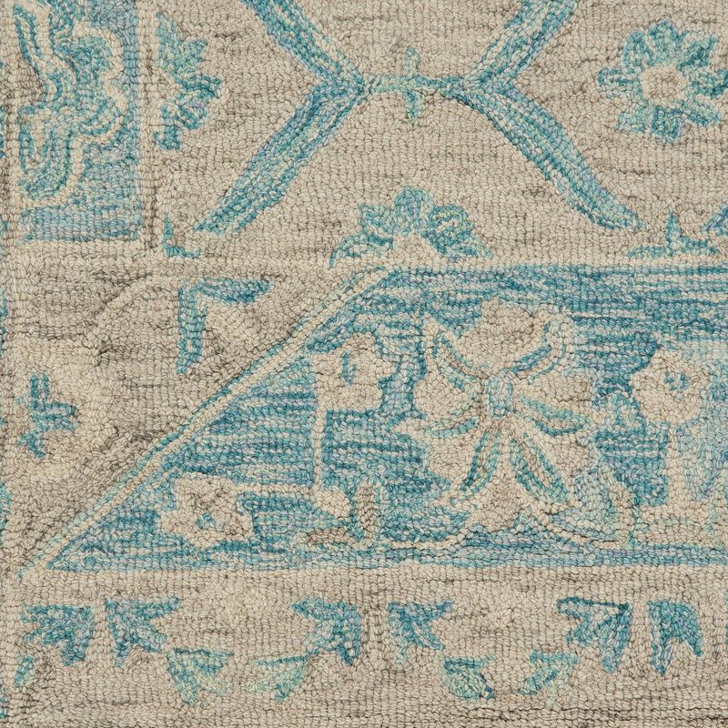 Velan Floral Handmade Looped Wool Ocean Blue/Beige Area Rug, Rectangle 8' x 11'