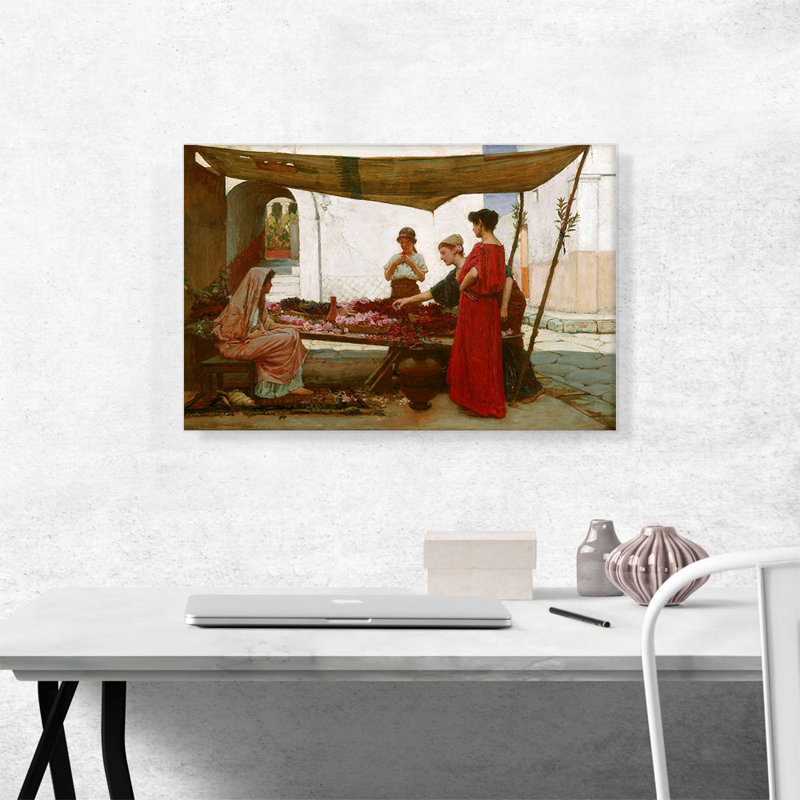 «A Grecian Flower Market 1880» par John William Waterhouse, reproduction d'art sur toile tendue, 18" H x 26" W x 0.75" D