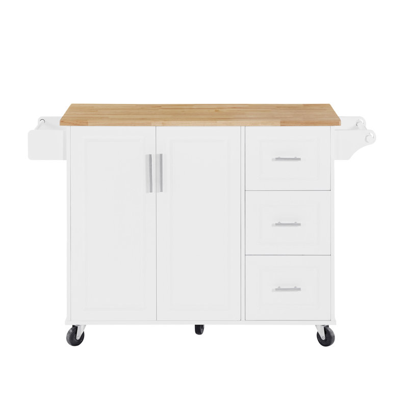 Îlot de cuisine blanc à roulettes avec armoire de rangement et comptoir à abattants pour un espace efficace, Blanc