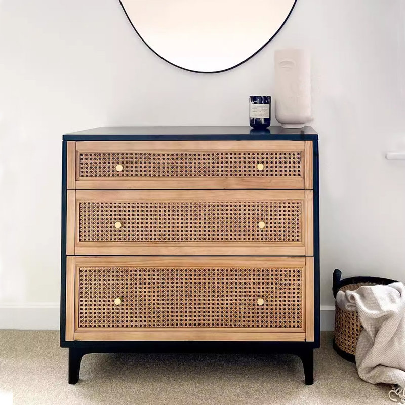 Chic Rattan 3-Drawer Chest, Brass Knobs