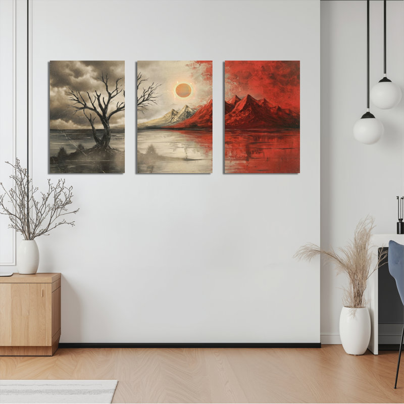 «Desert Tree Mountain Sunset», ensemble de 3 reproductions d'art sur toile tendues sur toile, 1624