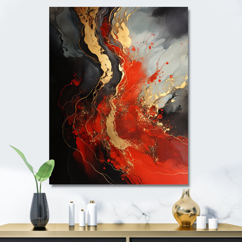 Rouge et volcan en marbre doré V - art mural abstrait, Toile tendue, 20" H x 12" W
