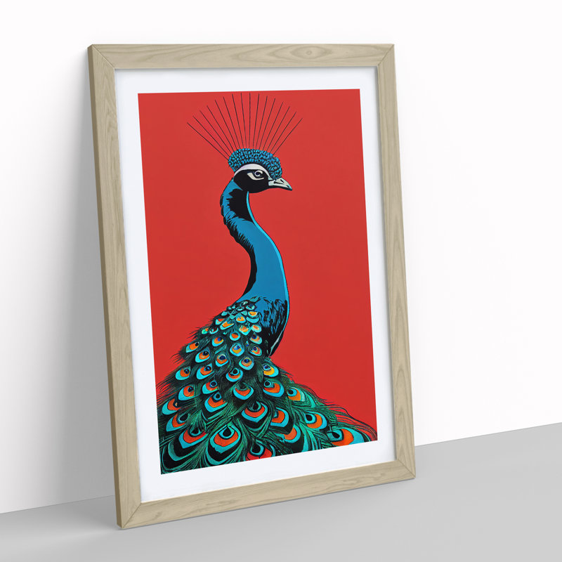 Peacock Retro Art - Wall Art, 48cm H x 36cm W, Oak Framed Paper, White