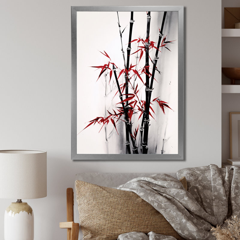 Japon, bambou rouge et gris II sur toile, Cadre simple argenté, H 32 po x l 16 po x P 1 po