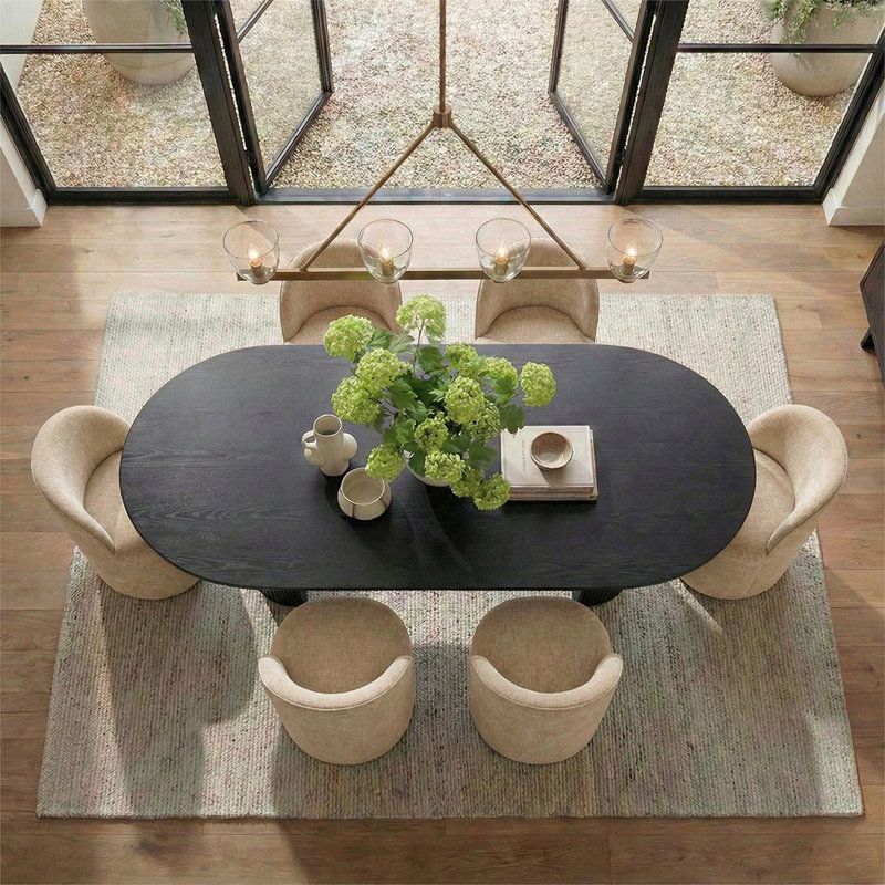  6 - Person Dining Table Sets With Oval Table & 6 Upholstered Chairs, Soft Tan, Black