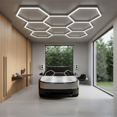 Modern Hexagon LED Ceiling Light with 8 Girds, DIY Honeycomb Design for Garage, Studio, Gym or Game Room (Set of 8)