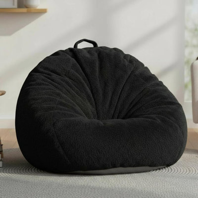 Faux Rabbit Fur Bean Bag Chair Cover – Black – Ultra-Soft Washable Storage Bean Bag Cover (No Filler) With Zipper, Non-Slip Bottom & Handle, Adult Living Room Furniture