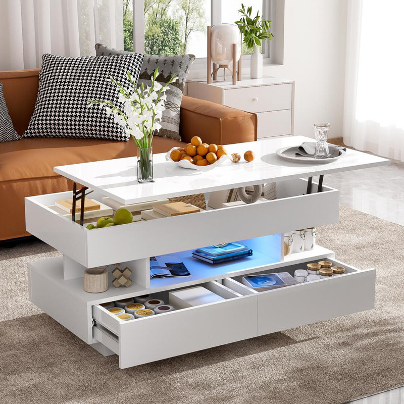 Table basse relevable avec rangement, 2 tiroirs, finition brillante pour le salon