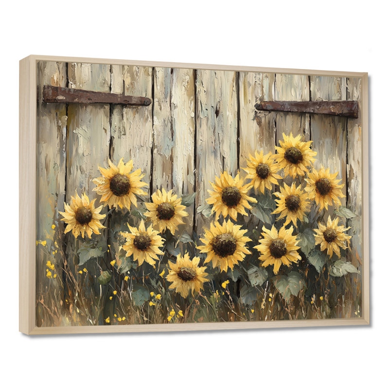 Donals Sunflowers By The Barn Door I - Art mural tournesols, H 30 po x l 40 po, Impression encadrée flottante, Crème, crème