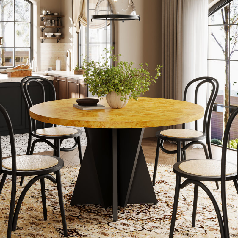 47.2" Round Dining Table Dining Table for 4, Pedestal Dining Table, Medium Yellow Wood